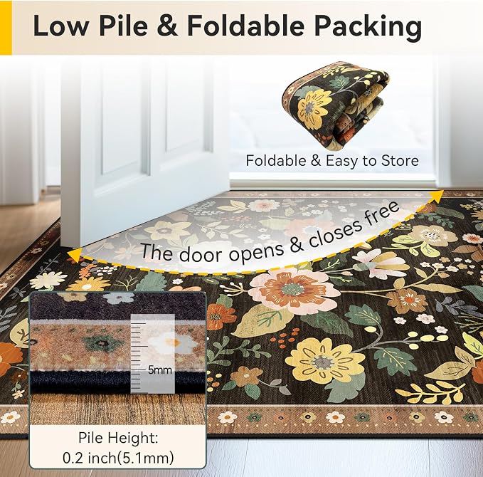 RELEANY Floral Washable 5x7 Area Rugs Black/Yellow | Flower Carpet Print Boho - Image 4