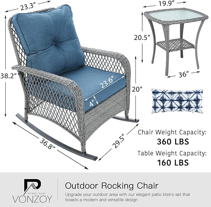 Patio Furniture Set 3 Pieces, Wicker Rocking Bistro Set - Image 7