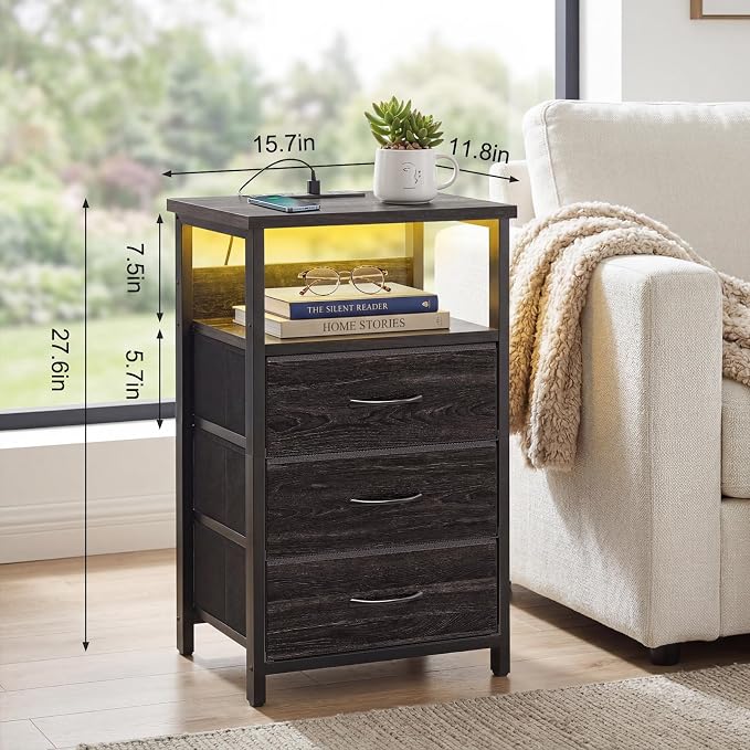 Fixwal Night Stand with Charging Station, LED Nightstand with Fabric Drawers - Image 3