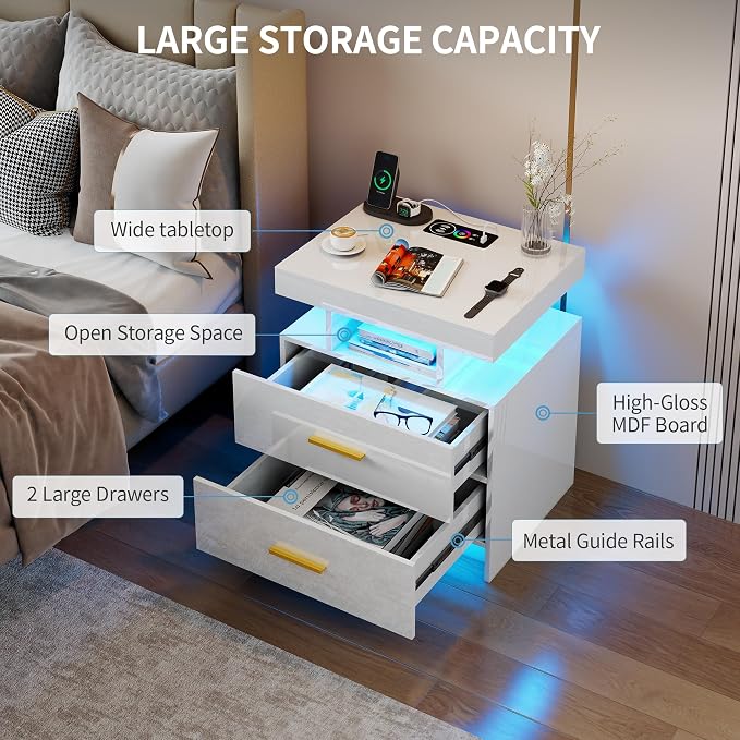 Smart Night Stand with Charging Station, Modern White Nightstand with 24 Color - Image 5