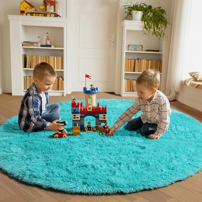 Teal Blue Round Rugs 5ft for Bedroom Living Room, Fluffy Circle Area Rug for - Image 3