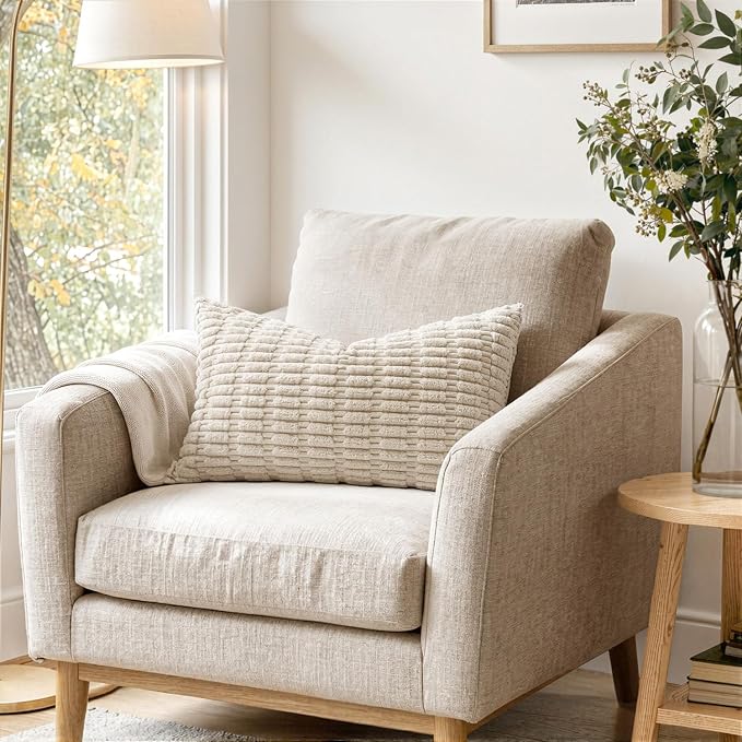 MIULEE Lumbar Corduroy Decorative Throw Pillow Covers 22x14 Cream White | Pack - Image 2