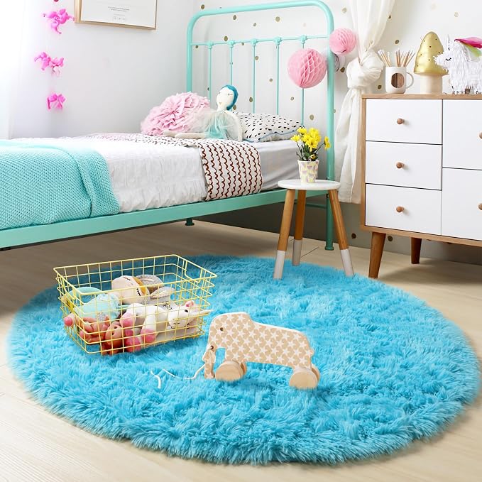 Amdrebio Blue Round Fluffy Shag Area Rug 5Ft - Image 3