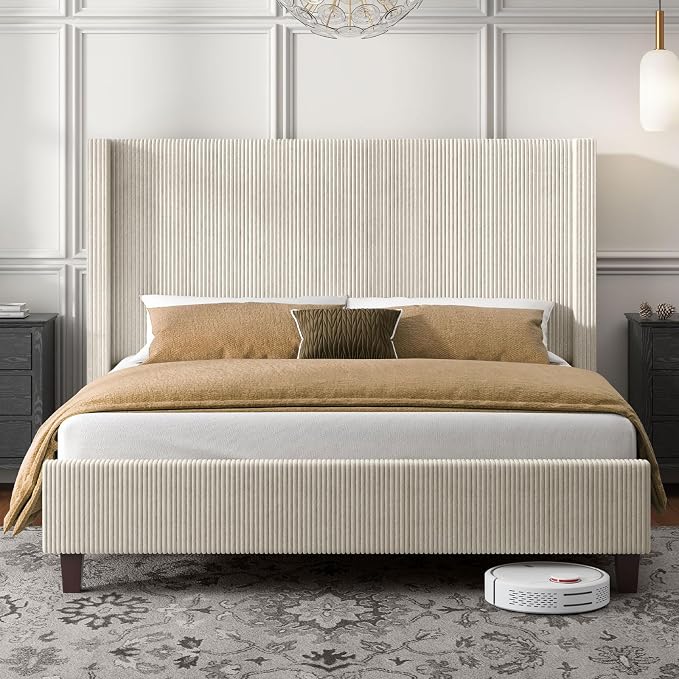 HOWE Queen Size Bed Frame with 50.8" Tall Wingback Headboard, Modern Corduroy - Image 3