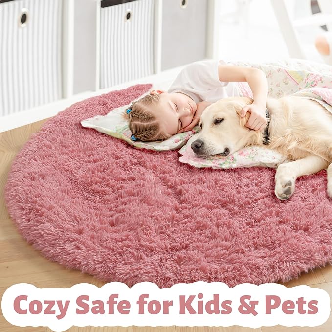 Amdrebio Blush Pink Small Round Furry Rug 3Ft - Image 3
