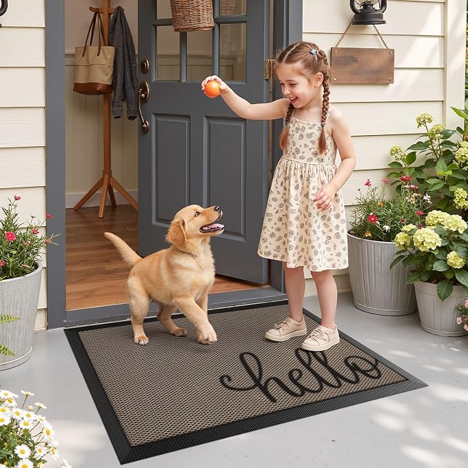 LUMI Outside Welcome Door Mat 24x36, Non-Slip Durable Rubber Easy Clean | Hello - Image 9