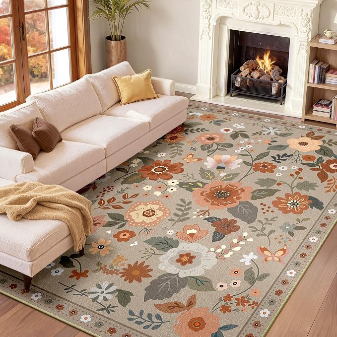 RELEANY Floral Washable 6x9 Area Rugs Brown/Brick | Flower Carpet Print Boho - Image 9