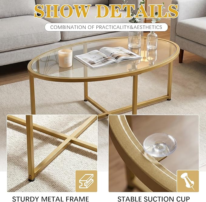 Wolawu Coffee Table Gold Oval Glass Coffee Tables - Image 6