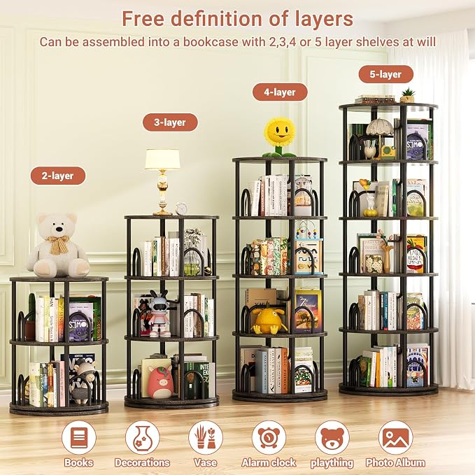 Aheaplus 5 Tier Rotating Bookshelf Tower, 360 Display Spinning Bookcase - Image 3