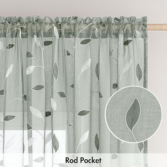 MIULEE Sage Sheer Curtains 2 Panels Embroidered Leaf Patterned, W52 x L96 | - Image 6