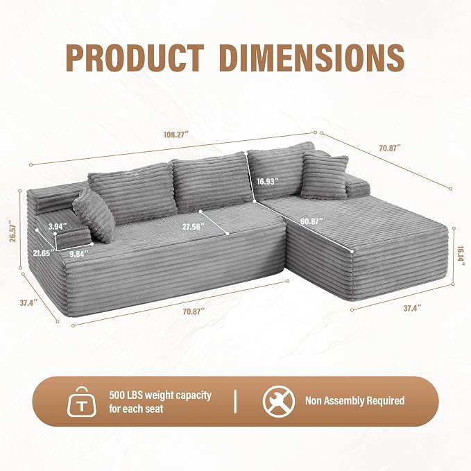 Hobestluk Modular Sectional Sofa Couches L-Shape Couch 3 Seat Modular Sofa - Image 2