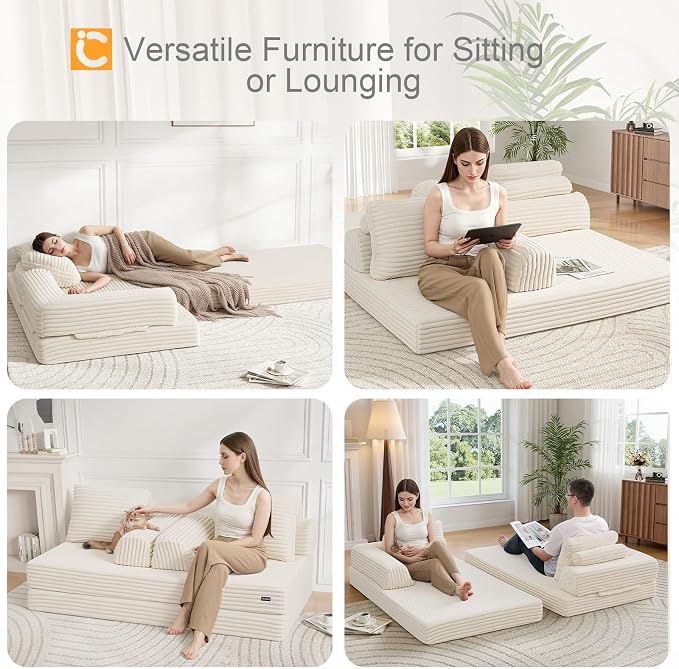 COMAX Convertible Sofa Bed, Folding Floor Couch Corduroy Fold Out Couch Bed - Image 5