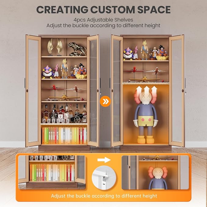 Locking Display Cabinet with Glass Door, 71”H Metal Curio Cabinets with - Image 5