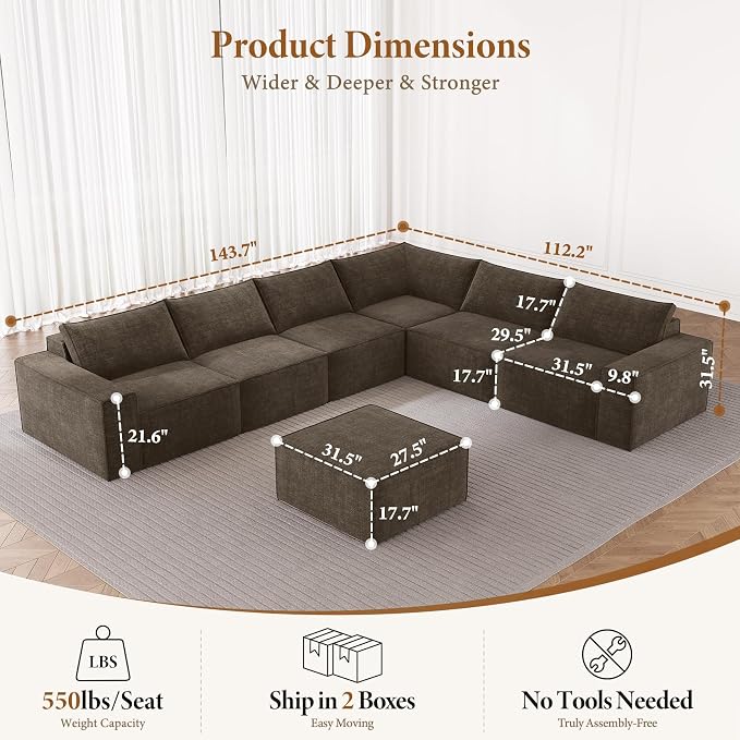 Vesgantti 143.7" Oversized Boneless Couch, Modern 7 Seater Modular Sectional - Image 2