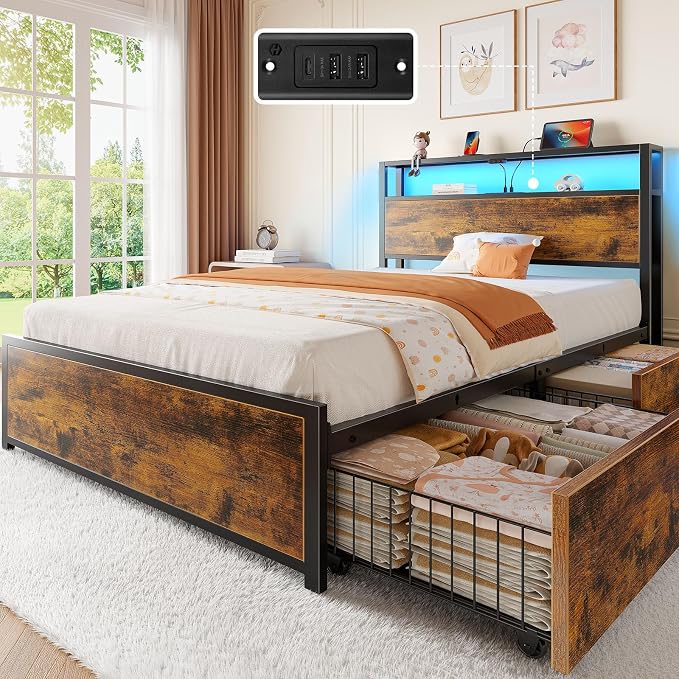 Rolanstar Twin Bed Frame with 4 Storage Drawers, Charging Station and LED Lights by Rolanstar