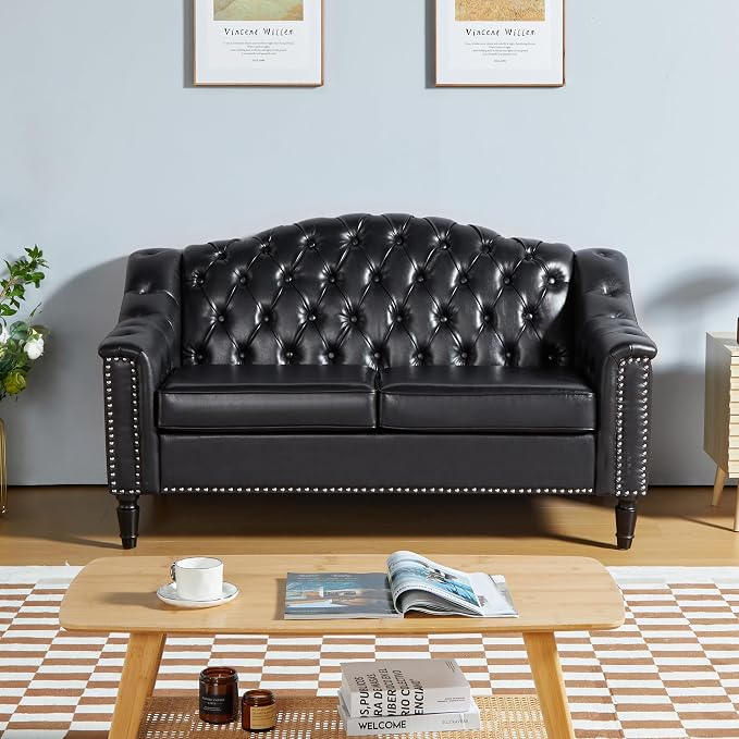 LEVNARY Chesterfield Loveseat Leather, Upholstered Sofa by LEVNARY