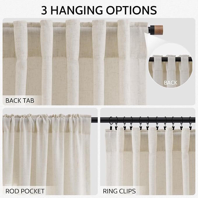 Warm Beige Linen Curtains 90 Inch Long 2 Panels Set - Image 2