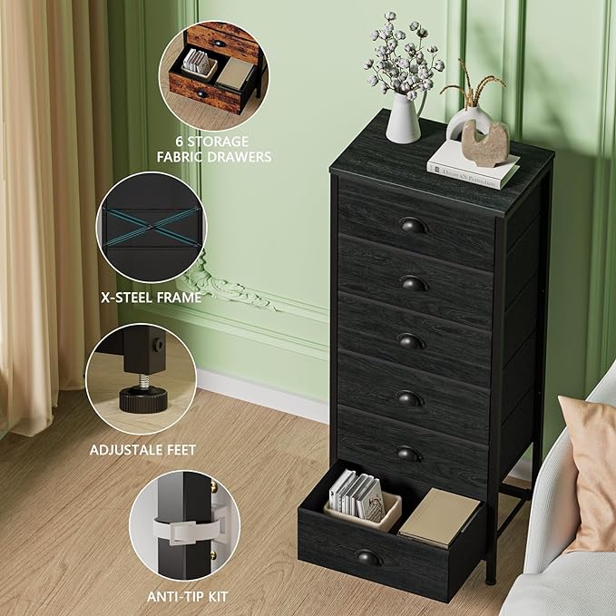 Furnulem Tall Dresser with 6 Drawers, Vertical Bedside End Table & Chest - Image 5