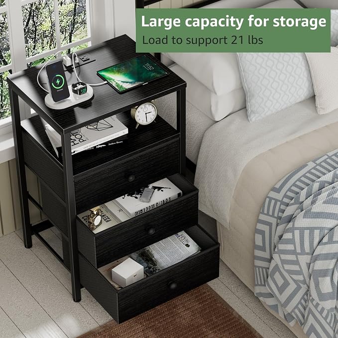 BOLUO Black Night Stand with 3 Fabric Drawers, Nightstand with Charging Station - Image 4