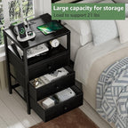 BOLUO Black Night Stand with 3 Fabric Drawers, Nightstand with Charging Station - Image 4