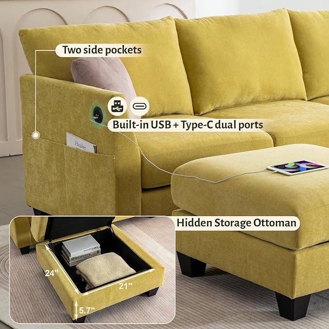 124" Modular Sectional Sofa, Modern Linen U-Shaped 6 Seater Sectional Sofa - Image 6