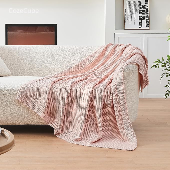 CozeCube Pink Seed Stitch Throw Blanket 60"x80", Farmhouse Decor | Blanket - Image 4
