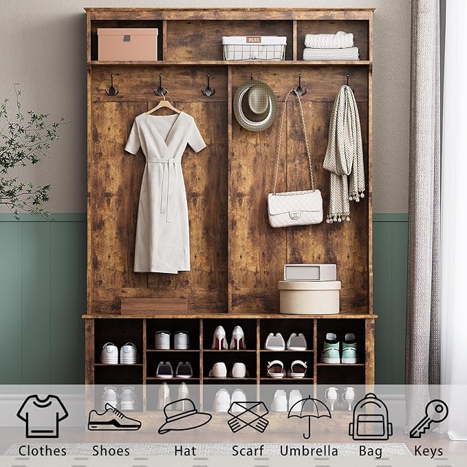 Wodeer Hall Tree with Bench and Shoe Storage, 6 Hooks, 12 Shoe Cubbies - Image 3