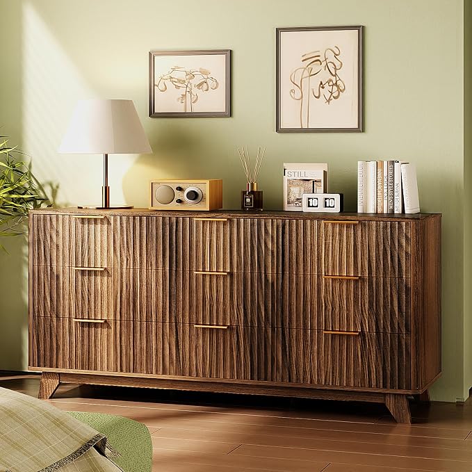 VINGLI Fluted Walnut Dresser 9 Drawer, Dark Wood Dresser Brown - Image 8