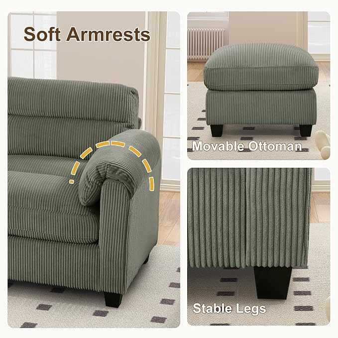 HAOMARKETS Corduroy Sofa Set, Upholstered Ottoman, and 3-Seater Couch - Image 5