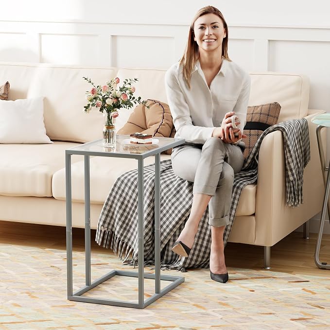 End Table, C Shaped Side Table for Sofa, Glass Couch Tray Snack Dinner Table - Image 8