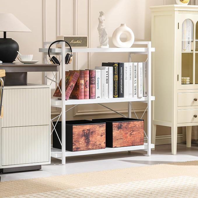 HCHQHS Bookshelf, 3-Tier Industrial Bookcase, Freestanding Horizontal - Image 2
