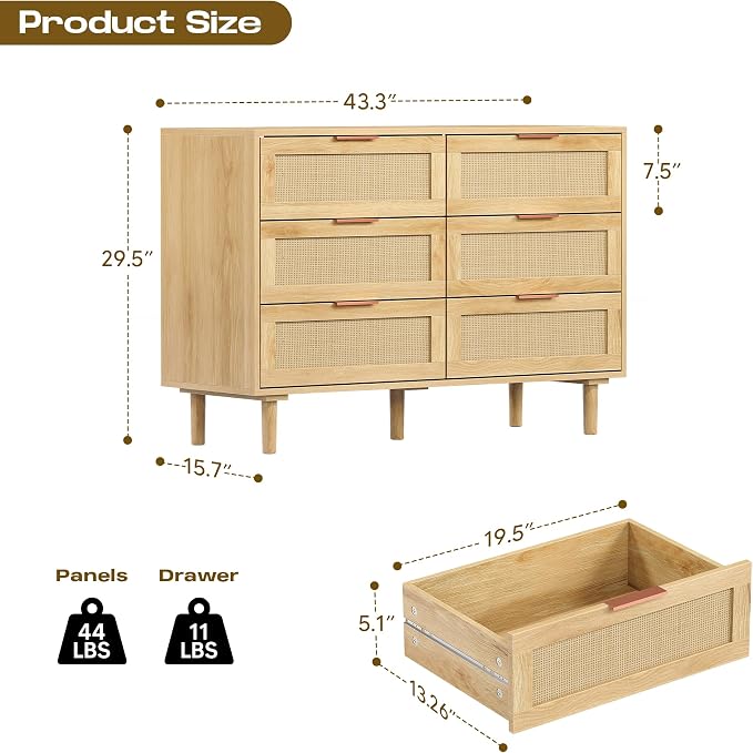 FUQARHY 6 Drawer Dresser Rattan Dresser Modern Chest - Image 2