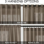 Dark Taupe Linen Sheer Curtains 54 Inch Length 2 Panel Set Back Tab Rod Pocket - Image 3
