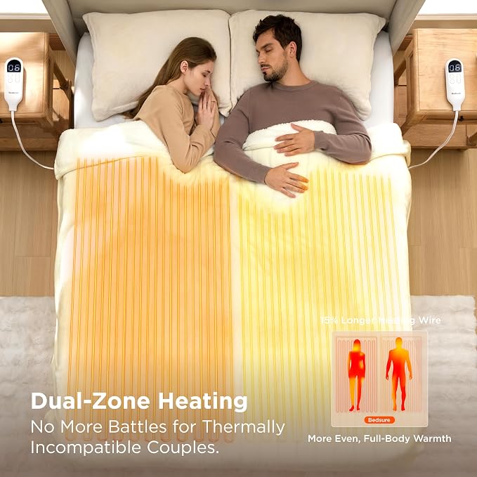 Bedsure Heated Blanket Queen Size, Dual Control Electric Blanket, Ivory | - Image 5