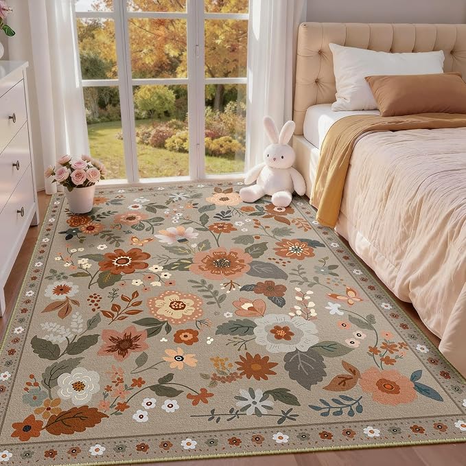 RELEANY Floral Washable 4x6 Area Rugs Brown/Brick | Flower Carpet Print Boho by RELEANY