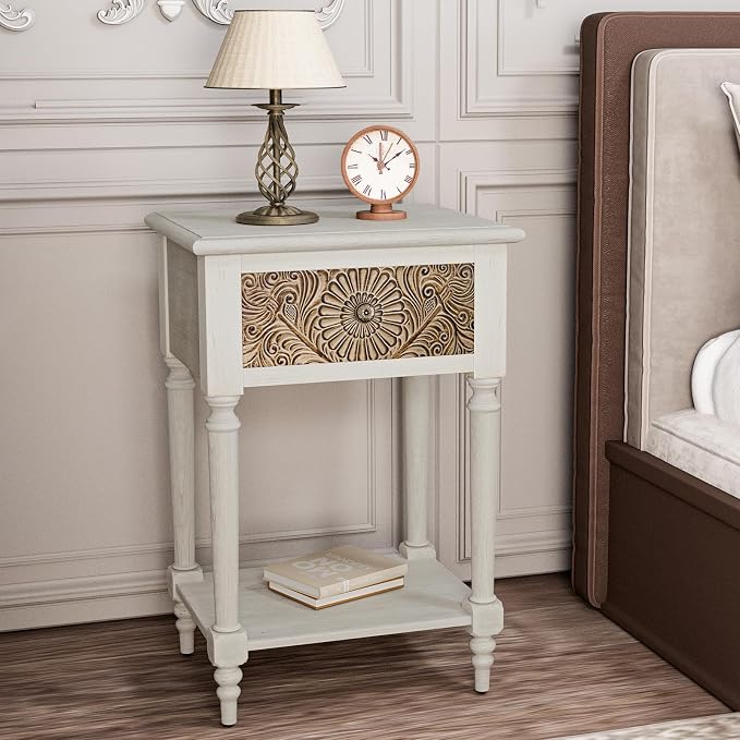 HOMPUS End Table Set of 2 with Drawer and Shelf, Vintage Nightstand Set 2 w - Image 7