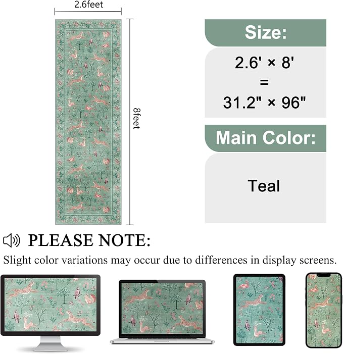 DUKINO 2.6x8 Rug for Hallway, Washable Kitchen Runner Rug Non Slip, Teal | Low - Image 2
