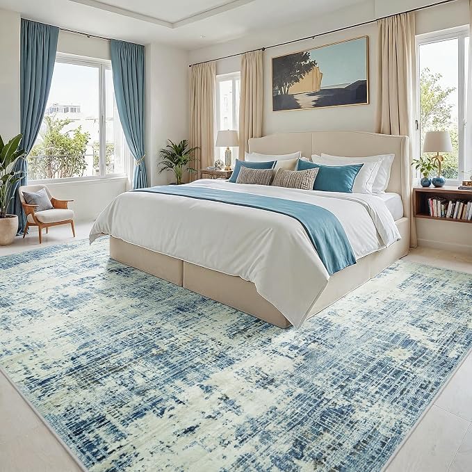 10x14 Washable Area Rug for Living Room Bedroom: Non-Slip Modern Blue Gray | - Image 2