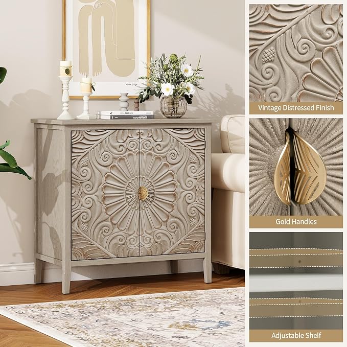 31.5" Farmhouse 2-Door Carved Accent Storage Cabinet, Vintage Distressed Floral - Image 4
