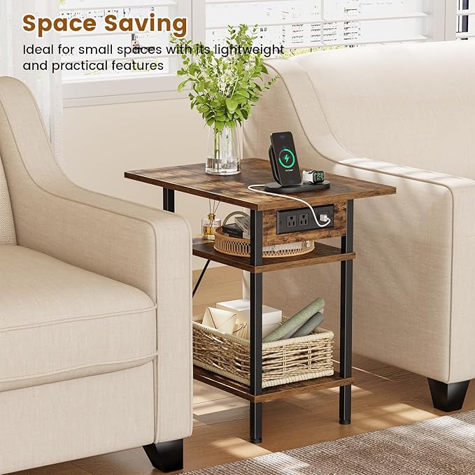 Asgolion Side Table with Charging Station, Skinny Nightstand with USB Ports and - Image 4
