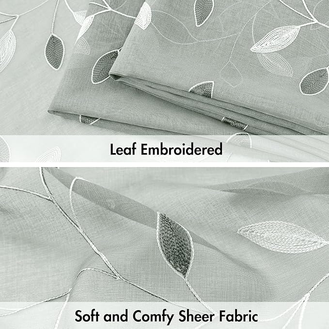 MIULEE Sage Sheer Curtains 2 Panels Embroidered Leaf Patterned, W52 x L96 | - Image 4
