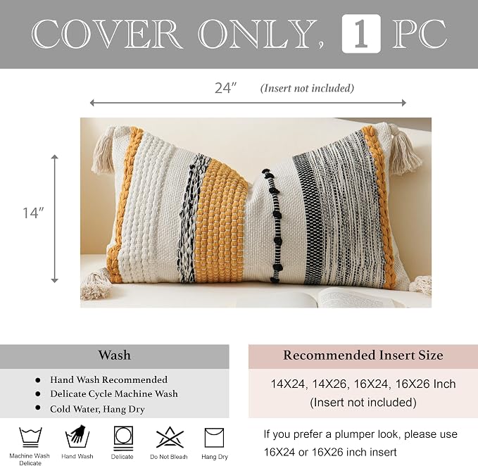 Decorative Lumbar Throw Pillow Cover 14x24 Boho Yellow Mustard Accent Cushion - Image 4