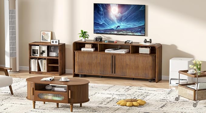 Walnut TV Stand for 65 70 75 Inch TV, Fluted Mid Century Modern TV Console - Image 7