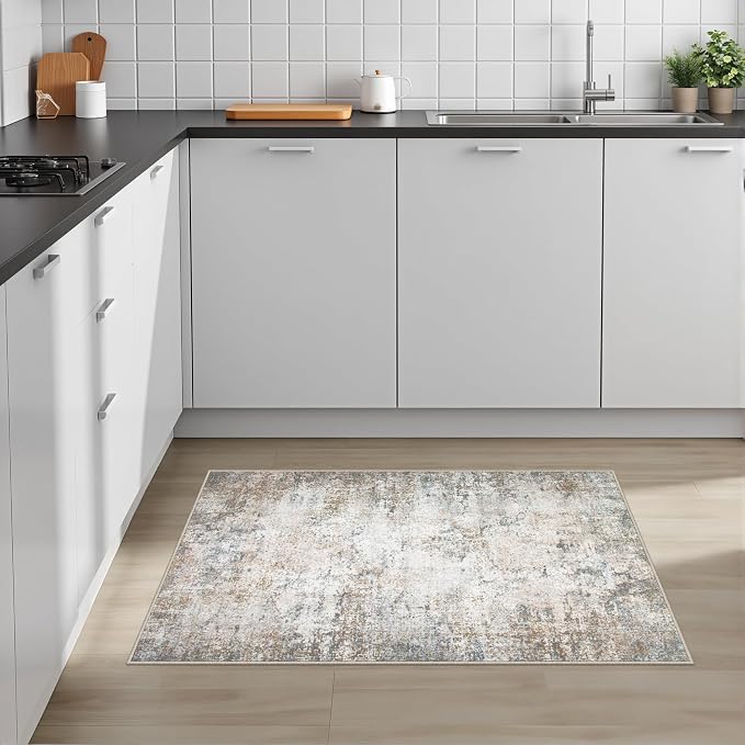 2x3 Washable Entryway Rug: Modern Abstract Indoor Soft Carpet Brown | - Image 4