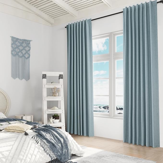 Blue 100% Blackout Linen Curtains 120 Inch Length 2 Panels Set - Image 8