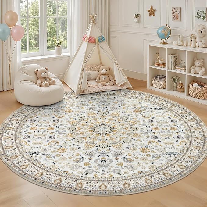 Round Area Rug for Living Room: 4ft Washable Rug for Bedroom Beige | Vintage - Image 5