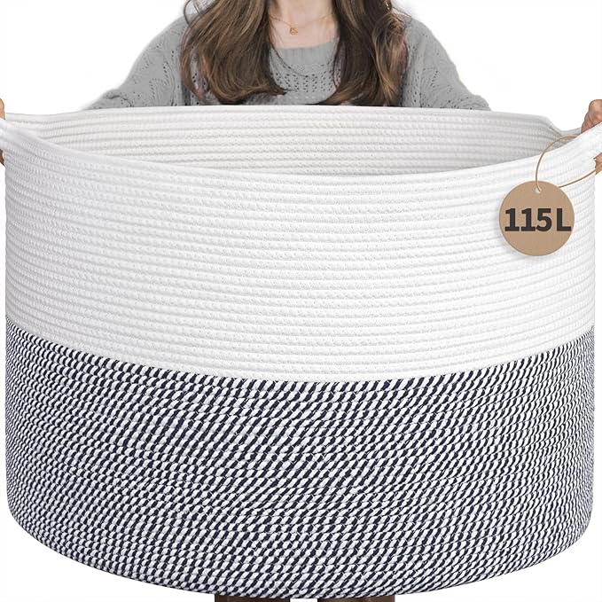 INDRESSME 115L Extra Large Cotton Rope Basket, Blanket Basket by INDRESSME
