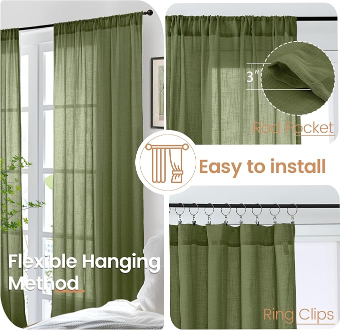 BGment Olive Green Linen Curtains 40 Inches Long - Image 6