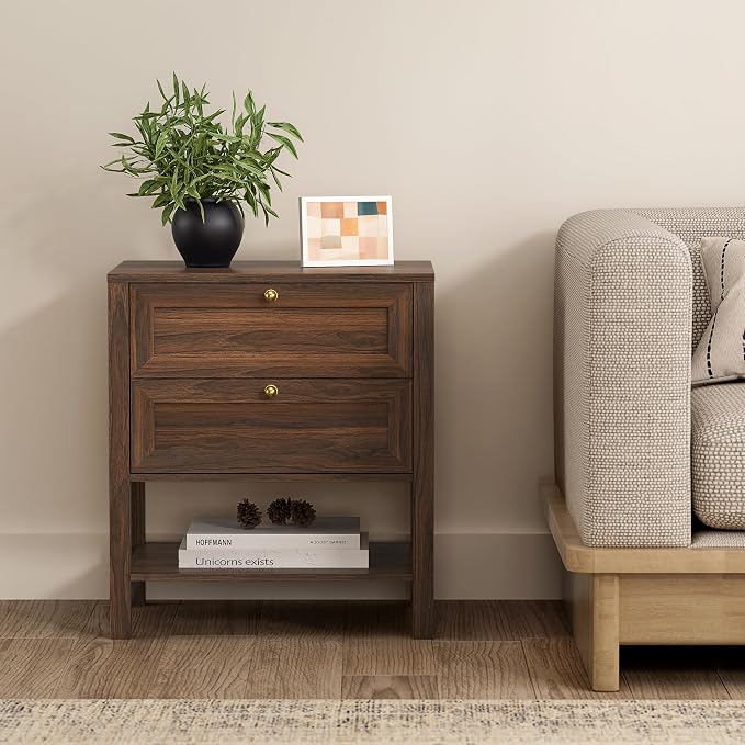EYYTHUNG Brown Nightstand with 2 Drawers, Farmhouse Floor Night Stand with Open - Image 6