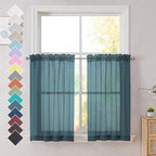 Dusty Blue Sheer Curtains 36 inches Long, Short Kitchen Window Treatment Solid by OVZME